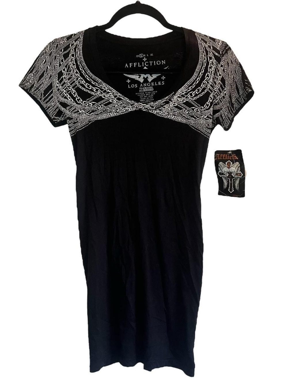 Affliction Short Sleeve Scoop Neck T-shirt mini Dress w/ Silver Chain Graphic